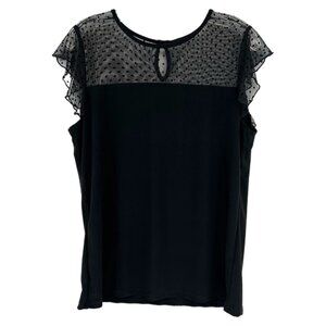 Anne Klein Black Mesh Polka Dot Flutter Sleeve Blouse | Size M
